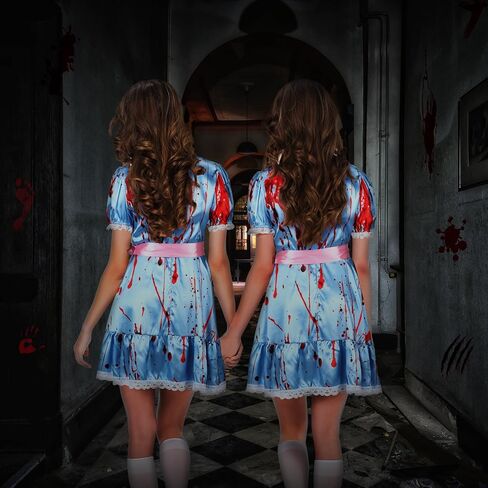 Xtinmee 8 قطع أزياء الهالوين التوائم الملطخة بالدماء مع أغطية رأس بشريط وردي وجوارب عالية للركبة وأشرطة حفلات الهالوين التنكرية للنساء والفتيات والحفلات التنكرية in Kuwait