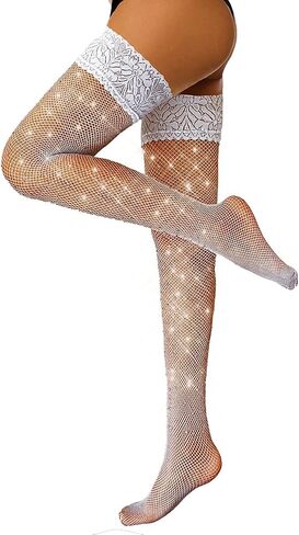 LUCKELF Women's Thigh High Stockings Rhinestone Fishnet Elastic Stockings Big Fish Net Tights Pantyhose in Kuwait