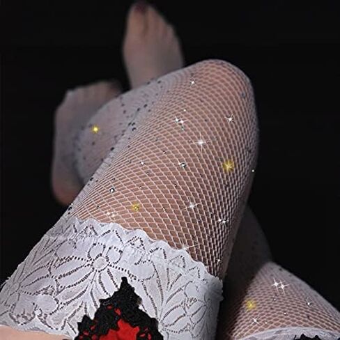 LUCKELF Women's Thigh High Stockings Rhinestone Fishnet Elastic Stockings Big Fish Net Tights Pantyhose in Kuwait