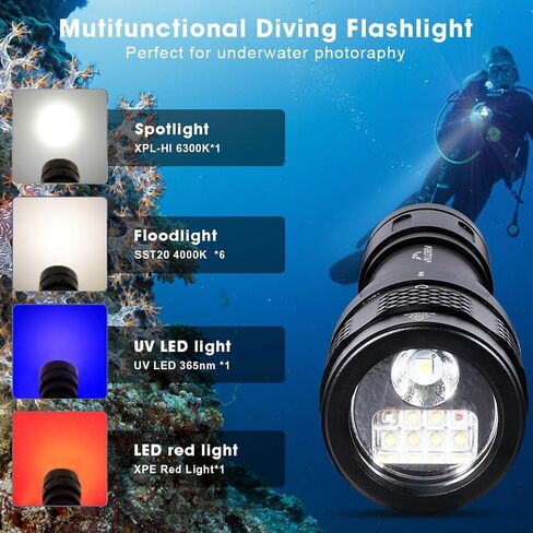 Willcrew DF60 6000 Lumen Dive Lights Professional Scuba Diving Underwater Flashlight، 150M IPX-8 مقاوم للماء غوص الشعلة مصباح يدوي غاطس مع شاحن in Kuwait