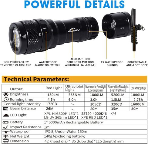Willcrew DF60 6000 Lumen Dive Lights Professional Scuba Diving Underwater Flashlight، 150M IPX-8 مقاوم للماء غوص الشعلة مصباح يدوي غاطس مع شاحن in Kuwait