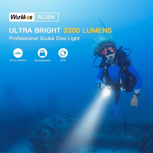 مصباح الغوص wurkos بحد أقصى 2000 لومن، مصباح غوص مقاوم للماء IPX8، مصباح يدوي للغواصات مع SST40 LED، ضوء غوص احترافي لكهف البحر العميق تحت الماء (5000 ك) in Kuwait