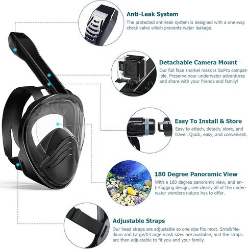 Relity Full Face Snorkel Mask with Upgraded Breathing System, Foldable 180° Panoramic View Anti-Leak Anti-Fog Snorkeling Gear for Adults with Detacha in Saudi Arabia