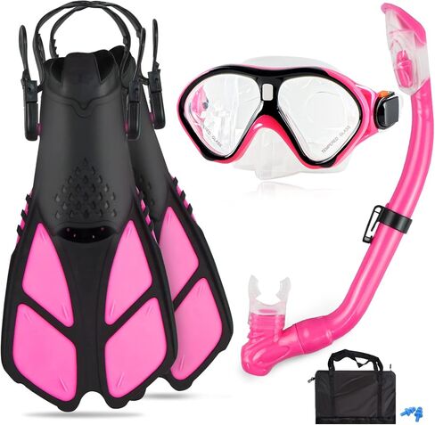 مجموعة قناع الغطس للأطفال من Qoqooice، قناع الغطس البانورامي + أنبوب التنفس العلوي الجاف + زعانف سباحة قابلة للتعديل + حقيبة معدات الغطس، مناسبة للأعمار من 5 إلى 12 عامًا in Kuwait