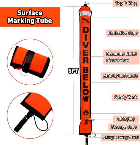 Pluzluce 5FT/6FT Diving Surface Marker Buoy (SMB), Signal Tube Safety Sausage with 100FT Aluminum Big Finger Spool Reel and Double Ended Hook Clip for Underwater Scuba Diving Snorkeling in Kuwait