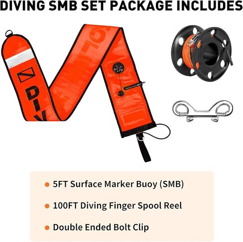 Pluzluce 5FT/6FT Diving Surface Marker Buoy (SMB), Signal Tube Safety Sausage with 100FT Aluminum Big Finger Spool Reel and Double Ended Hook Clip for Underwater Scuba Diving Snorkeling in Kuwait