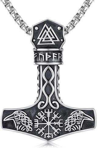 Mjolnir Necklace 925 Sterling Silver Viking Vegvisir Necklace Thor Hammer Necklace Raven Necklace Norse Runes Amulet Jewelry Gifts for Women Men in Kuwait
