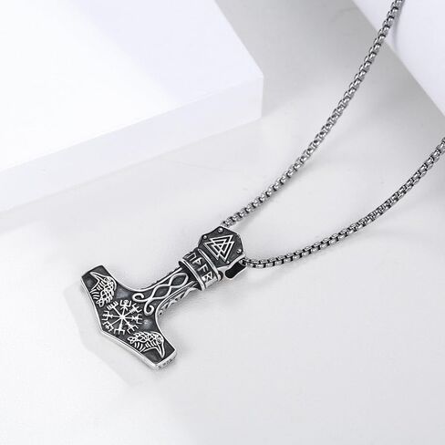 Mjolnir Necklace 925 Sterling Silver Viking Vegvisir Necklace Thor Hammer Necklace Raven Necklace Norse Runes Amulet Jewelry Gifts for Women Men in Kuwait