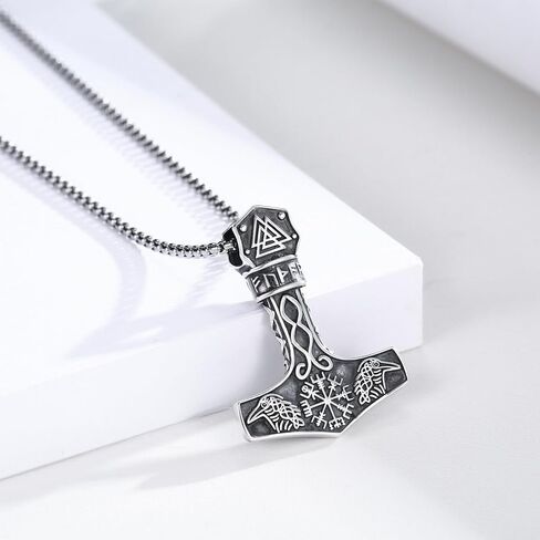 Mjolnir Necklace 925 Sterling Silver Viking Vegvisir Necklace Thor Hammer Necklace Raven Necklace Norse Runes Amulet Jewelry Gifts for Women Men in Kuwait