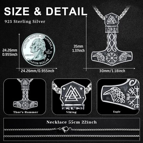 Mjolnir Necklace 925 Sterling Silver Viking Vegvisir Necklace Thor Hammer Necklace Raven Necklace Norse Runes Amulet Jewelry Gifts for Women Men in Kuwait