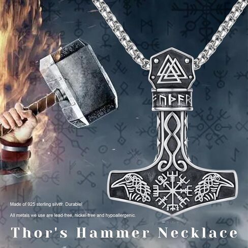 Mjolnir Necklace 925 Sterling Silver Viking Vegvisir Necklace Thor Hammer Necklace Raven Necklace Norse Runes Amulet Jewelry Gifts for Women Men in Kuwait