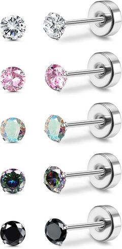Milacolato Titanium Earrings for Women Men 5Pairs G23 Titanium Post Stud Earrings for Sensitive Ears 3mm Rainbow Cubic Zirconia Studs Hypoallergenic 20G Screw Back Piercing Sleeper Cartilage Stud Earrings Set in Saudi Arabia
