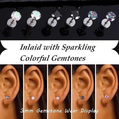 Milacolato Titanium Earrings for Women Men 5Pairs G23 Titanium Post Stud Earrings for Sensitive Ears 3mm Rainbow Cubic Zirconia Studs Hypoallergenic 20G Screw Back Piercing Sleeper Cartilage Stud Earrings Set in Saudi Arabia