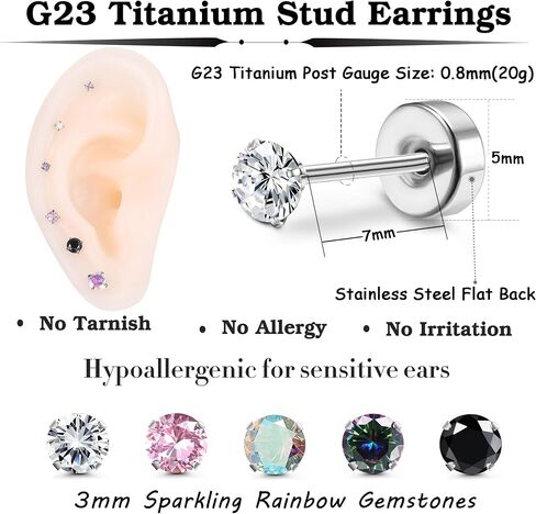 Milacolato Titanium Earrings for Women Men 5Pairs G23 Titanium Post Stud Earrings for Sensitive Ears 3mm Rainbow Cubic Zirconia Studs Hypoallergenic 20G Screw Back Piercing Sleeper Cartilage Stud Earrings Set in Saudi Arabia