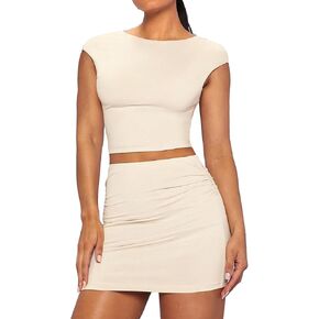 Verdusa Women's 2 Piece Outfits Backless Cap Sleeve Crop Tee and Ruched Mini Bodycon Skirts