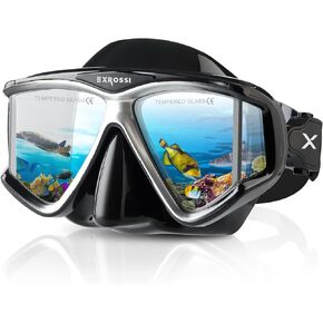 EXROSSI Scuba Diving Mask Panoramic 4 Lens, Tempered Glass Snorkeling Dive Mask with Nose Cover, Anti Fog Snorkel Goggles Gear, Adult Youth Swim Mask for Diving, Snorkeling, Swimming