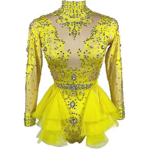 Yoyomomozi Fashion Rhinestone Bodysuit Ruffle Women Big Stretch Nightclub Prom Bar Costume Stage Singer Show Dance Leotard in Kuwait