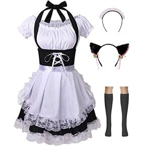 TOONRAIN Women's French Maid Costume, Cosplay Fancy Dress for Halloween Party with Apron Cat ear Headwear Socks Set