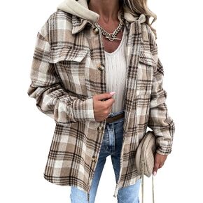 معطف بقلنسوة للنساء من SCUSTY بأكمام طويلة من الفلانيل مع غطاء للرأس وأزرار سفلية منقوشة in Kuwait