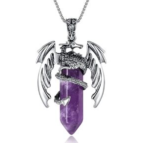XIANNVXI Crystal Healing Stone Necklace for Men Women Amethyst Vintage Dragon Necklace Cool Simple Retro Natural Reiki Spirtural Witch Gemstone Pendant Jewelry