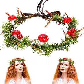 MOSTORY Mushroom Flower Headband Fairy Woodland Crown Headpiece Mossy Holly Circlet Tiara Red Mushrooms Hair Wreath Christmas Crown for Women Girls Renaissance Festival Costume Accessories