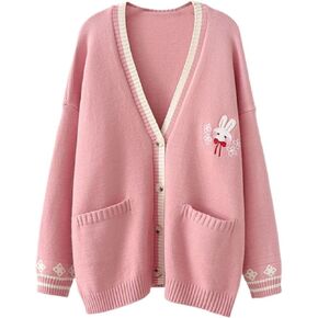 FindThy Women’s Cute Rabbit Embroidered Cardigan Long Sleeve Pocketed Kawaii Cardigans Sweater