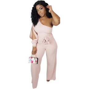 fiocko Women's Sexy One Shoulder Slit Sleeve High Waist One Piece Pant Outfit Wide Leg Jumpsuit Romper in Kuwait