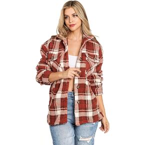 Love Tree Women's Cozy Soft Sherpa Teddy Coat Plaid Shacket in Kuwait