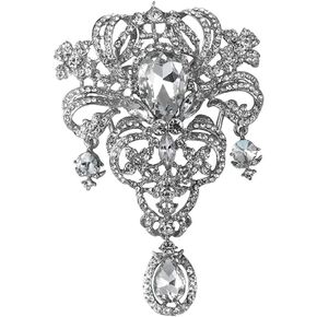 Gyn&Joy Womens 5 Inch Clear Crystal Rhinestones Large Flower Bouquet Tear Drop Pendant Brooch Pin
