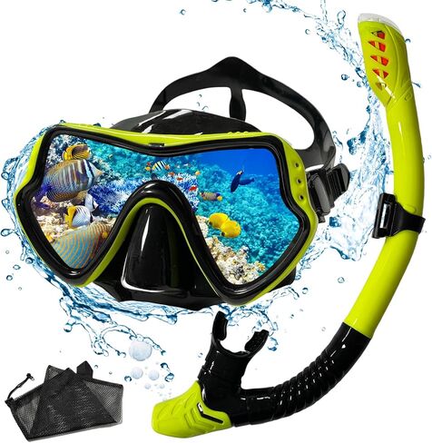 Snorkel Set,VVG Snorkel Dry Top Snorkeling Gear for Adults, Panoramic Anti-Leak and Anti-Fog Tempered Glass Lens, Adults Adjustable Snorkeling Set, Scuba Diving Swimming Training Snorkel in Kuwait