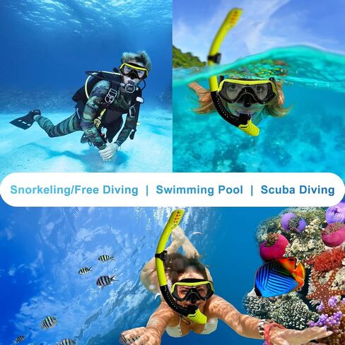 Snorkel Set,VVG Snorkel Dry Top Snorkeling Gear for Adults, Panoramic Anti-Leak and Anti-Fog Tempered Glass Lens, Adults Adjustable Snorkeling Set, Scuba Diving Swimming Training Snorkel in Kuwait