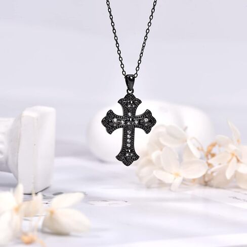 المسافة: قلادة قوطية من الفضة الاسترلينية S925 بتصميم صليب اسود / قطة للنساء، مجوهرات قوطية على شكل قطة كروس، هدية الكريسماس للنساء والصديقة in Kuwait