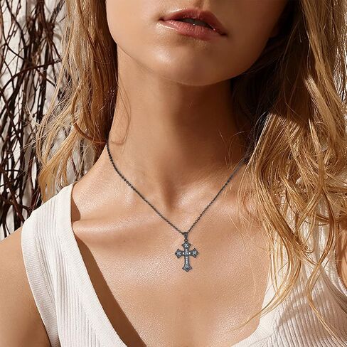 المسافة: قلادة قوطية من الفضة الاسترلينية S925 بتصميم صليب اسود / قطة للنساء، مجوهرات قوطية على شكل قطة كروس، هدية الكريسماس للنساء والصديقة in Kuwait