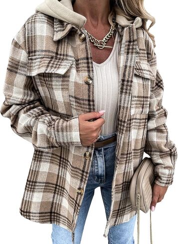 معطف بقلنسوة للنساء من SCUSTY بأكمام طويلة من الفلانيل مع غطاء للرأس وأزرار سفلية منقوشة in Kuwait