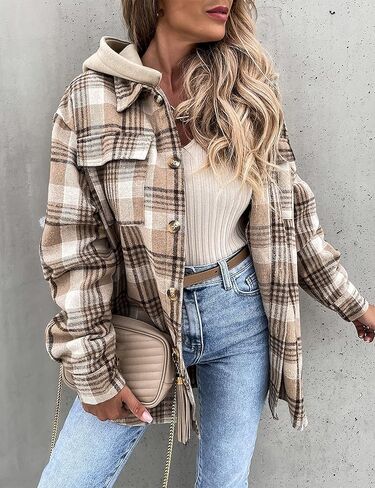 معطف بقلنسوة للنساء من SCUSTY بأكمام طويلة من الفلانيل مع غطاء للرأس وأزرار سفلية منقوشة in Kuwait