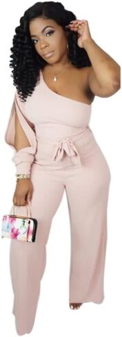 fiocko Women's Sexy One Shoulder Slit Sleeve High Waist One Piece Pant Outfit Wide Leg Jumpsuit Romper in Kuwait