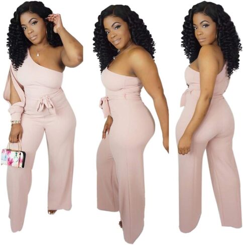 fiocko Women's Sexy One Shoulder Slit Sleeve High Waist One Piece Pant Outfit Wide Leg Jumpsuit Romper in Kuwait