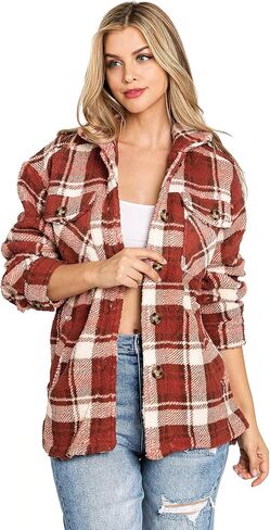 Love Tree Women's Cozy Soft Sherpa Teddy Coat Plaid Shacket in Kuwait
