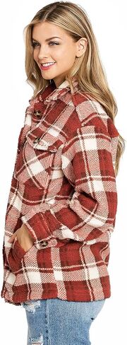 Love Tree Women's Cozy Soft Sherpa Teddy Coat Plaid Shacket in Kuwait