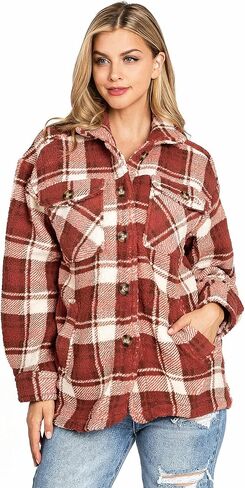 Love Tree Women's Cozy Soft Sherpa Teddy Coat Plaid Shacket in Kuwait