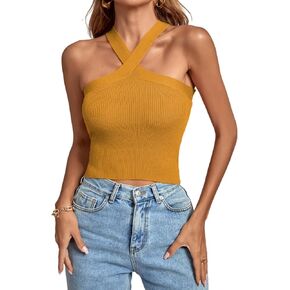 Umenlele Women's Criss Cross Halter Crop Top Sleeveless Ribbed Knit Cami Tank Tops
