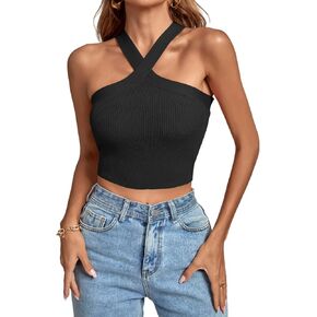 Umenlele Women's Criss Cross Halter Crop Top Sleeveless Ribbed Knit Cami Tank Tops