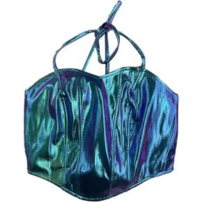 Allegra K Metallic Crop Top for Women's V Neck Cami Shiny Halloween Rave Pary Holographic Halter Top