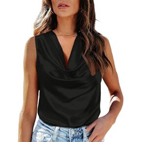Chigant Womens Silk Satin Tank Tops Cowl Neck Casual Cami Sleeveless Camisole Blouses Summer Basic Loose Shirt