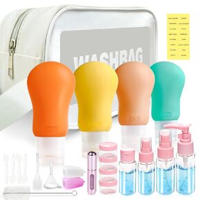 Fiwzzdur 24 مجموعة زجاجات بحجم السفر لمستلزمات الزينة، حاويات أدوات الزينة المعتمدة من إدارة أمن المواصلات الأمريكية للسفر، مجموعة برطمانات سفر من السيليكون المحمولة مانعة للتسرب وقابلة للعصر للعطور والشامبو والبلسم in Kuwait