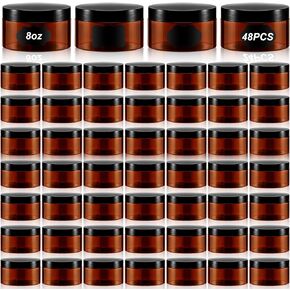 Uiifan 48 Pcs 8 oz Plastic Cosmetic Jars with Lids and Labels Empty Refillable Cosmetic Leak Proof Containers Lotion Jars for Cream Body Butters Powder Ointment Lip Scrub (Clear with Black Lids)
