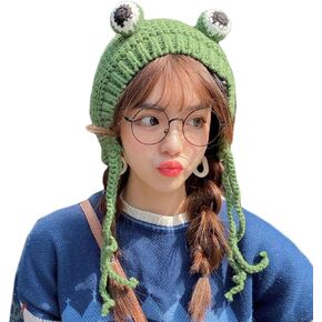PURFANREE Women Girls Crochet Knitted Winter Headband Hat Beanie Cute Cartoon Frog Big Eyes Earflap Cap Photo Props