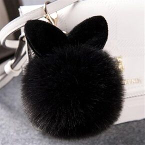 12 cm Rabbit Ears Fur Ball Bag Charms with Golden Keyring Pom Pom, Fluffy Fur Ball Keychain for Car Keyring, Charm Gift