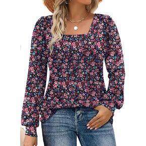 Rapbin Womens Square Neck Puff Sleeve Tops Dressy Casual Eyelet Long Sleeve Shirts Loose Trendy Blouses S-XXL