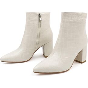 JOY IN LOVE Women's Ankle Boots Chunky Block Heel Pointed Toe Zipper Boots